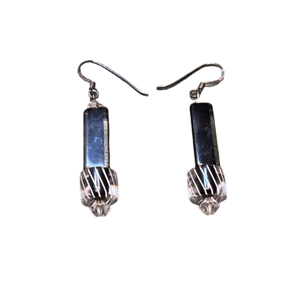 Black and Clear Glass Beaded Sterling Silver Earrings